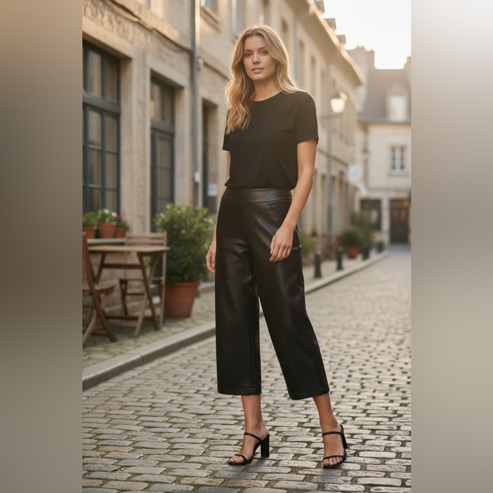 Kim Gravel Faux Leather Ponte Gauchos P12 NWT | Black Glam Statement Pants